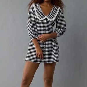 American eagle Black and White Gingham button puff ruffle collar mini dress